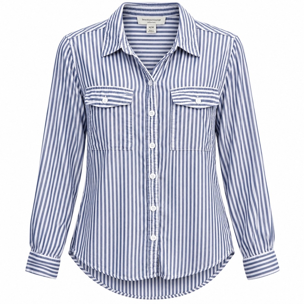 Beachlunchlounge Button Up Shirt Womens Medium Blue White Striped Pocket Long Sl